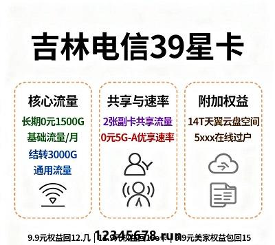 长期39元不涨价！吉林电信39星卡，稳定福利放心用