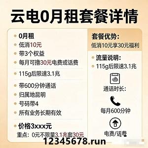 电信套餐的0月租、低消10元规则，每月3个权益、30元电费/话费兑换福利，115G限速、600分钟通话