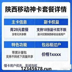 陕西移动福利神卡！28元主卡+18张双不限副卡，零元共享，全省通用